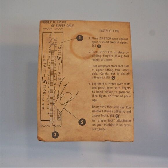 Vintage Sewing Seamstress Zip - Stick Zipper Adhesive By Zip-Pak Pat Pending - Picture 4 of 5